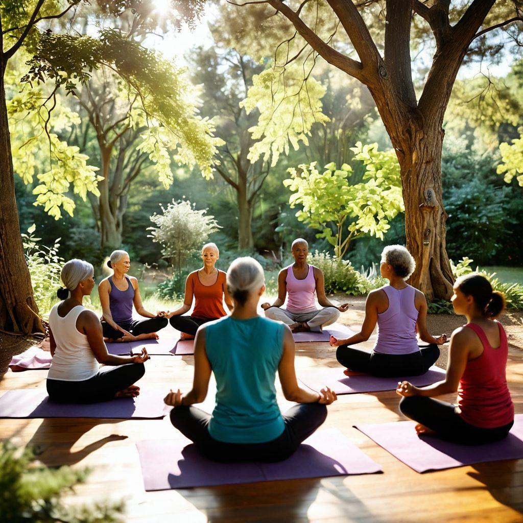A tranquil scene depicting a diverse group of cancer survivors in a serene support group setting, surrounded by vibrant nature, soft sunlight filtering through trees. Include visual elements representing holistic approaches like yoga mats, herbal teas, and supportive gestures among the group members. Emphasize a sense of hope and community. super-realistic. warm colors. soft focus.